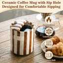 Ceramic Coffee Mug with Sip Hole, 10 oz Ceramic Coffee Travel Mug, Retro Hand-Painted Striped, with Wide Mouth and Sip Hole, Heat-Resistant, Ideal for Home and Office, Brown