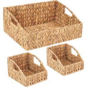 Set of 3 Handwoven Water Hyacinth Storage Baskets  Decorative Natural Wicker Organizer Bins with Built-in Handles for Bathroom, Kitchen, Pantry, Nursery, Closet, Laundry, Living Room, and Home Use