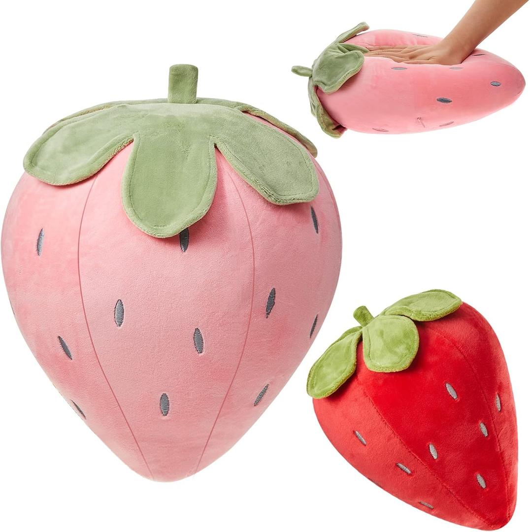 Juexica 2 Pcs Strawberry Pillow 15.7 Inch 9.8 Inch, Fruit Plush Pillow, Soft Kawaii Strawberry Bedroom Decor, Birthday Gifts for Women, Aesthetic Cute Berry Decor(RedPink)