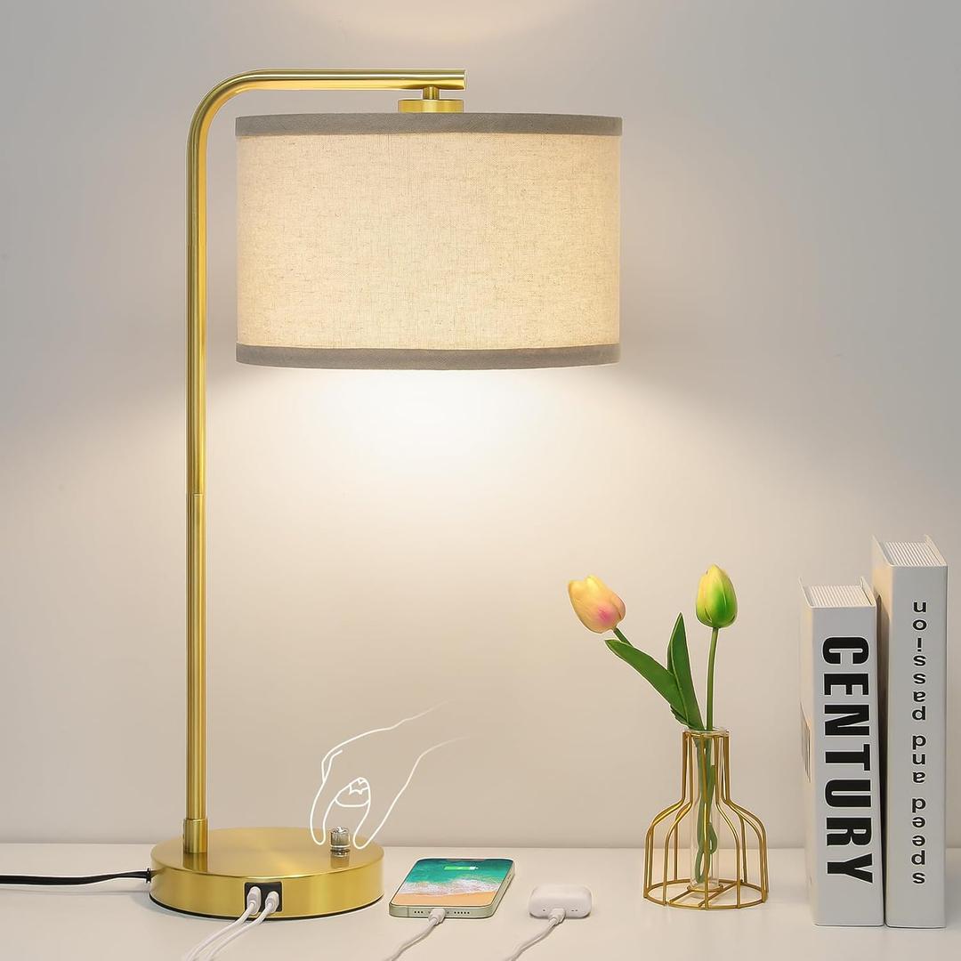 Fully Dimmable Bedside Lamp with C+A USB Ports, Mordern Gold Nightstand Lamp Desk Reading Lamp with Beige Drum Shade, Tall Side Table Lamp for Living Room Bedroom Office, 9W LED Bulb Included