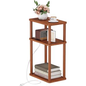 Solid Wood Side Table with Charging Station, 3-Tier Small End Table with USB Ports and Outlets, Narrow Couch Side Table, Skinny Nightstand Bedside Table for Small Spaces, Bedroom, Living Room