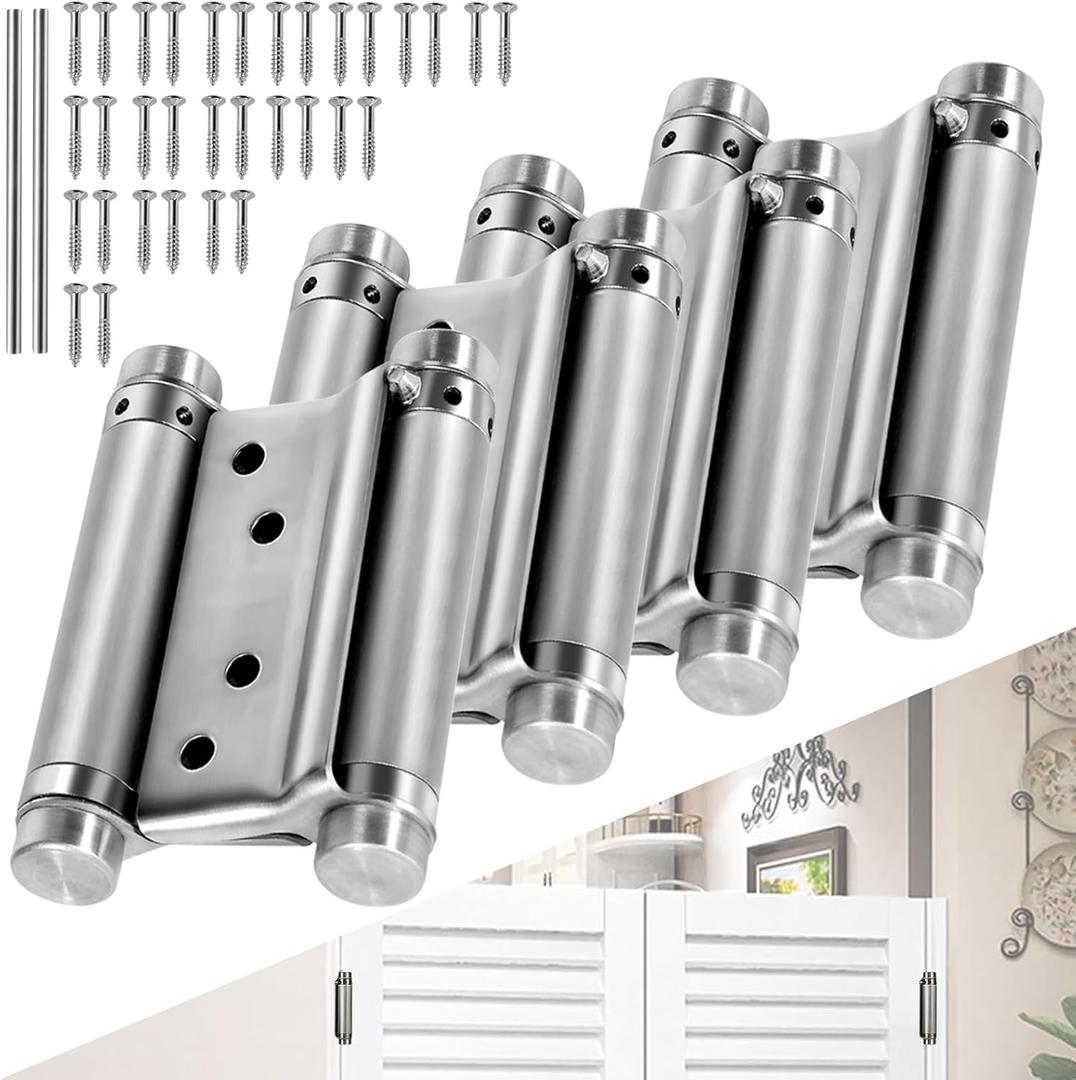 6 Inch Double Action Spring Hinge, 201 Stainless Steel, Cafe Salon Door Self-Closing Door Hinges with Pins and Screws (4-Pack) (Silver, 6 inches)