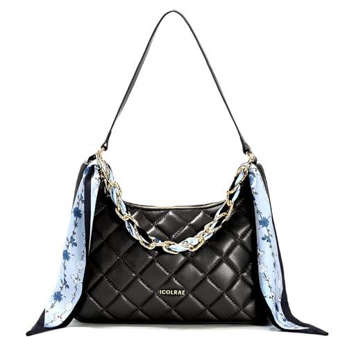 ICOLRAE Quilted Shoulder Bag for Women Faux Leather Cute Hobo Handbags with Zipper Mini Clutch Purse Trendy Y2K (Black)
