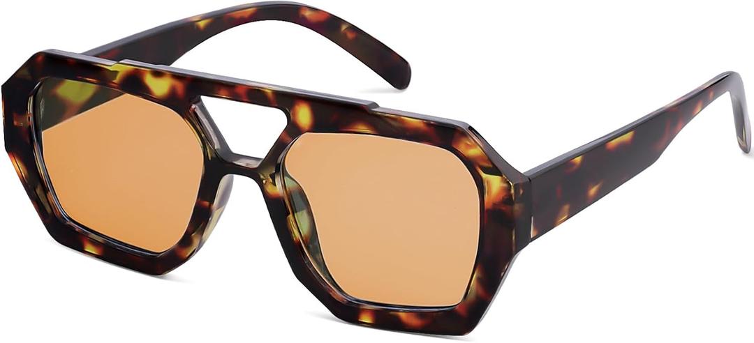 Livho Inspired Aviator Sunglasses for Women Men Hexagonal Square Thick Frame Double Bridge Sun Glasses (Tortoiseshell/ Light Brown)