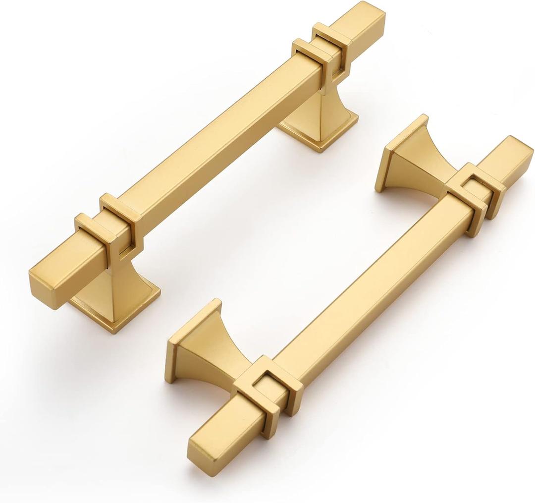 Haliwu 10 Pack Gold Cabinet Pulls, 3-3/4 inch Brushed Brass Kitchen Handles Square Dresser Drawer Hardware