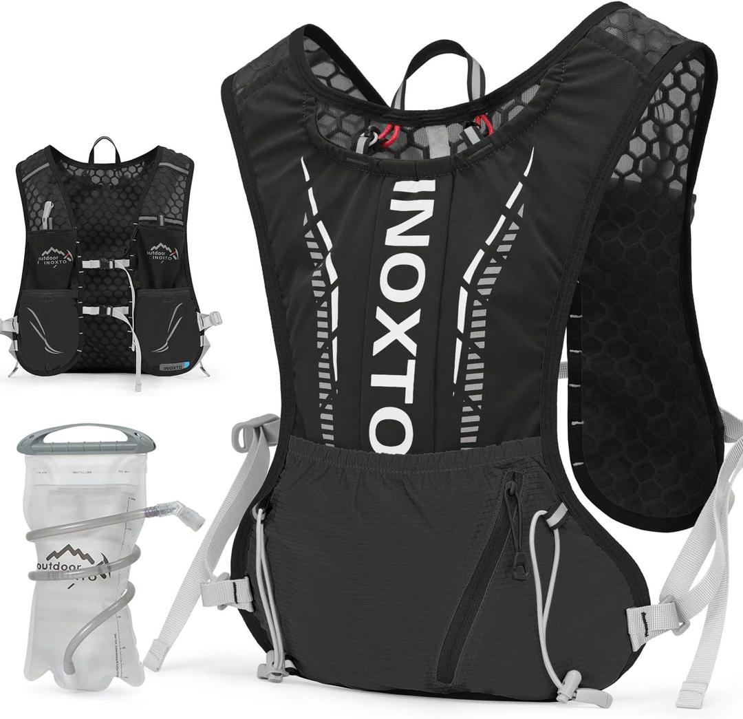 INOXTO Hydration Vest Backpack,Lightweight Water Running Vest Pack with 1.5L Water Bladder Bag Daypack for Hiking Trail Running Cycling Race Marathon for Women Men (Black White)