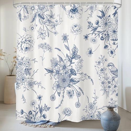 LIGHTINHOME Boho Blue Floral Shower Curtain 72Wx78H Inches Vintage Navy Blossom Bird Retro Rustic Farmhouse Chinoiserie Aesthetic Fabric Waterproof Polyester Bathroom Decor Set with Hooks