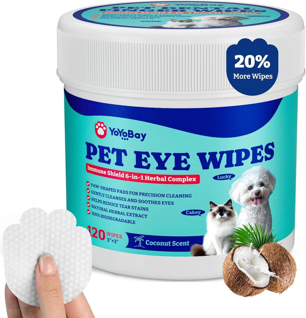 Dog Eye Wipes for Tear Stain Remover  120 Pet Eye Wipes with Herbal Complex, Dual-Texture Pads for Dogs & Cats, Clean Discharge & Crust, Soothe Eyes, Biodegradable, Vet-Approved, Coconut-Scented