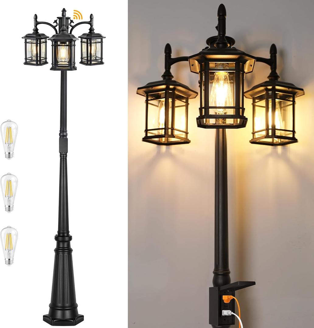 Dusk to Dawn Outdoor Lamp Post Lights with GFCI Outlet, Black Light Pole with Clear Glass Panels (3 LED Bulbs Included), 3-Head Hardwired Waterproof Outside Street Lights for Backyard Garden Driveway