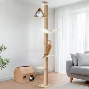 FUKUMARU Floor to Ceiling Cat Tree, 6 Level Adjustable Height (6-10 ft) Climbing Tower with Thickened Scratching Posts, Cats Activity Center with Cozy Hammock - Beige (120 inch)