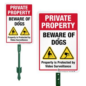 SmartSign Private Property Beware of Dogs Sign with Stake | 21" Tall Sign & Stake Kit - Property Protected by Video Surveillance For Yard/Lawn | 10x7 Inches Aluminum Made in USA