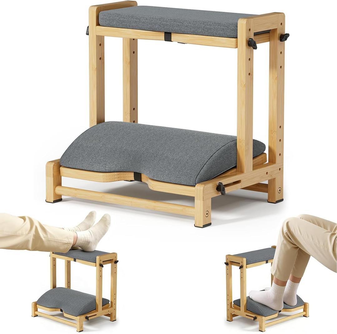 Double Step Foot Rest for Under Desk at Work, Adjustable Wooden Foot Stool with 4 Heights, Ergonomic Desk Foot Rest with Cushion for Office, Gaming & Study (Natural Color)