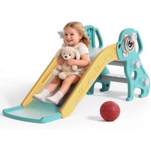 BIERUM 4 in 1 Toddler Slide, Kids Slide for Indoor Outdoor Playground, Slides with Basketball Hoop & Ring Toss, Puppy Shaped Playset for Toddlers Age 1-3, Green Yellow