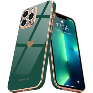Teageo For iPhone 13 Pro Max Case for Women Girl Cute Love Heart Luxury Plating Soft Back Bling Cover Raised Camera Protection Bumper Silicone Shockproof Phone Case for iPhone 13 Pro Max,Darkish Green