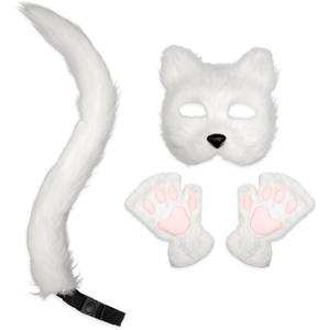 HyperFun Therian Mask and Tail Set Furry Fox Cat Mask Gloves Cosplay Costume Halloween Party (White)