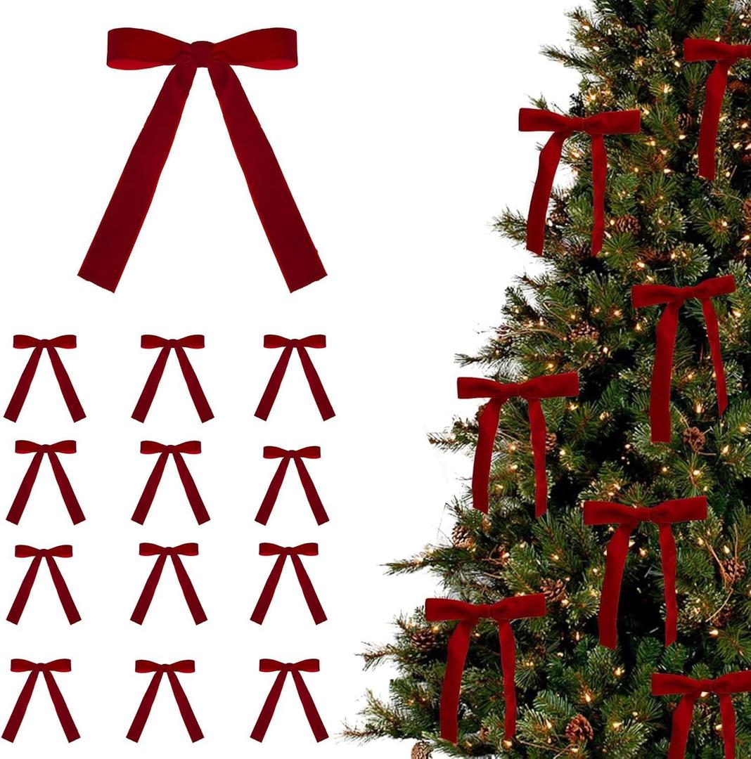 24 Pcs Velvet Bows for Christmas Tree,Velvet Christmas Tree Bows Door Garland Decor Vintage Wreath Bow,Red Bows for Christmas, Suitable for Xmas Home Decor Wedding Outdoor Indoor (Red)