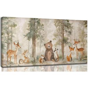 Woodland Animal Nursery Canvas Wall Art Wild Animals Forest Paintings Pictures Wall Decor Fox Bear Deer Watercolor Poster Print Artwork for Boys Room Girls Room Home Decoration Framed, 12"L x 24"W