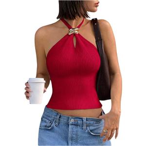Verdusa Women's Sexy Ribbed Halter Tops Sleeveless Cropped Going Out Tops for Date Night XS