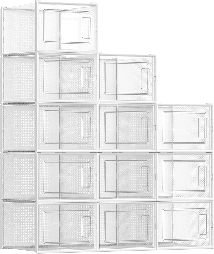 SONGMICS Shoe Boxes, Pack of 12 Shoe Storage Organizers, Stackable Clear Plastic Boxes for Closet, Sneakers, 9.9 x 13.7 x 7.4 Inches, Fit up to US Size 13, Transparent and White ULSP12MWT