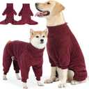 SlowTon Dog Winter Coat - Fuzzy Pullover Pajamas, Soft Fleece Windproof Cold Weather Dog Jacket Cozy Onesie Jumpsuit Outfit 4 Legged Clothes with Leash Hole for Large Medium Small Dogs (Red, 2XL) (XXL (Back: 23.6"))