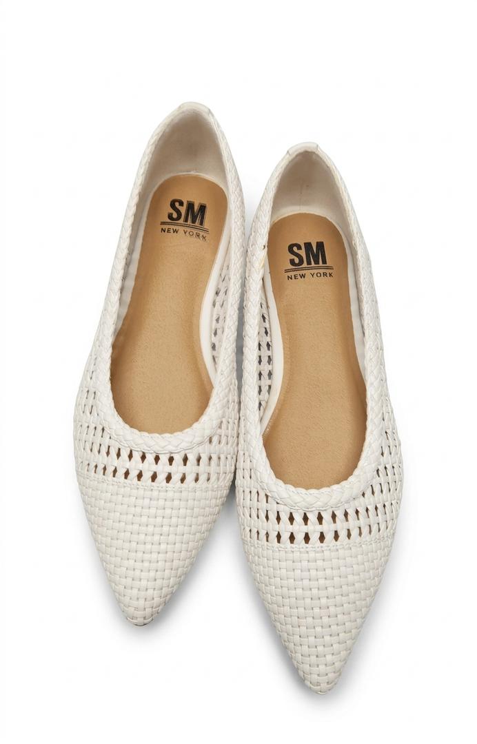 SM NEW YORK Women's Braided Pointed Toe Flat Shoes, White, Size 7.5