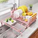 SNTD Dish Drying Rack - Extendable Dish Rack, Large Sink Drying Dish Drainer for Kitchen Counter, Stainless Steel Dish Strainer with Utensil Holder (Pink)