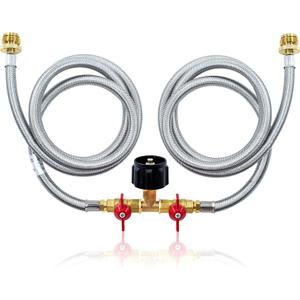 MENSI Upgrade 5 Feet 2 Way Y Splitter CGA Propane Tank Converter Adapter Braided Stainless Hose Assembly Replacement for QCC1 / Type1 20lbs Gas Tank for Camping Grill Stove