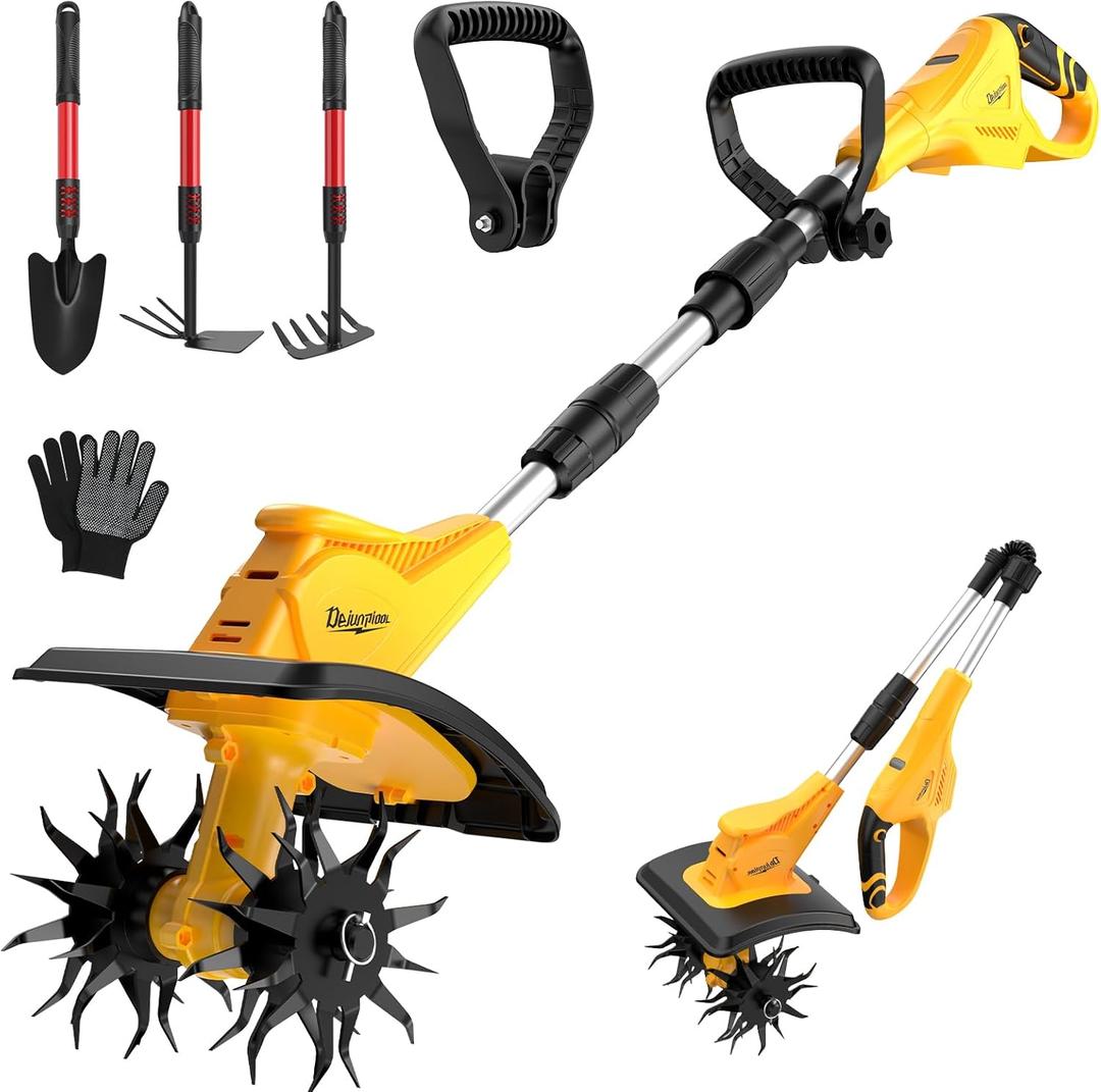 Cordless Tiller Cultivator Compatible with DEWALT 20V MAX Battery(Tool Only), Folding Electric Rototiller for Garden with 40 Steel Tines 310RPM, 9.1In Tilling Width and 6.3In Depth (Yellow Black)