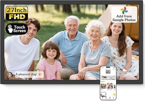 NexFoto Digital Picture Frame 27'' WiFi, FHD Touchscreen 1920 * 1080 with 64GB - Add Photos from Google Photos, Upload Videos, for Housewarming/Mom/Birthday (Walnut)