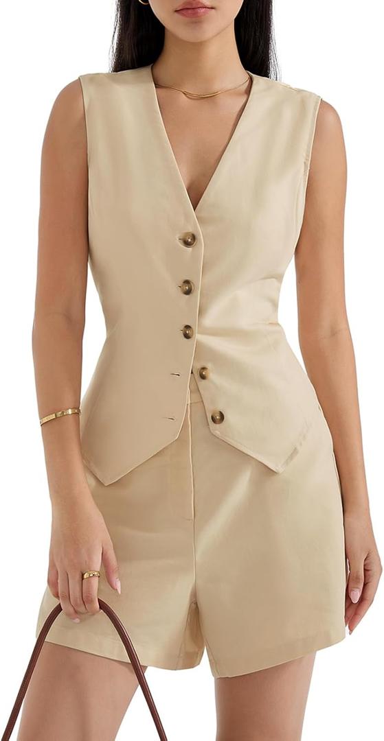 SUUKSESS Women's Summer 2 Piece Sets Button Down V Neck Vest Pockets Shorts Sets (Khaki), Small