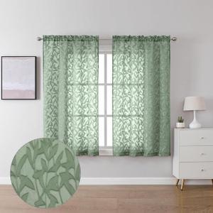 Lecloud Leia 2 Panels Semi Sage Green Sheer Curtains 45 Inch Length, Light Reducing Jacquard Clip Small Window Curtain Bedroom/Living Room/Kitchen, Farmhouse Leaves Voile Drapes Rod Pockets, 38W x 45L