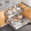 Pull out Cabinet Organizer, Stainless Steel Expandable(12"-20") Heavy Duty Slide out Drawers Fixed with Adhesive Nano Film for Pots, Roll out Shelf Storage for Kitchen Base(Silver-2pcs)(3 Rails)