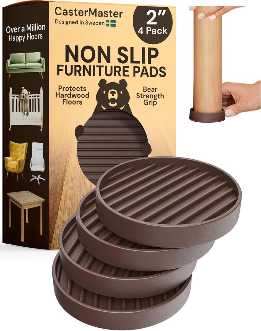 CasterMaster Non Slip Furniture Pads for Hardwood Floors - 2x2 Brown Round Caster Cups, Rubber Feet for Furniture, Couch Stoppers to Prevent Sliding - Set of 4 Bed Stoppers, Chair Leg Floor Protectors (2'' x 2'' (Pack of 4))