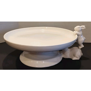 Place & Time Cake / Cupcake Stand Ceramic w/ White Climbing Bunnies EASTER