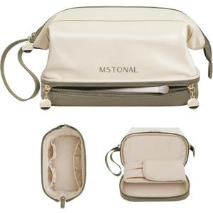 Travel Makeup Bag, Large Capacity Double Layer Cosmetic Bags for Women, Waterproof Portable Make Up Skincare Pouch with Makeup Brush Organizer, Toiletry Bag for Essentials, Beige & Olive Green (Medium)