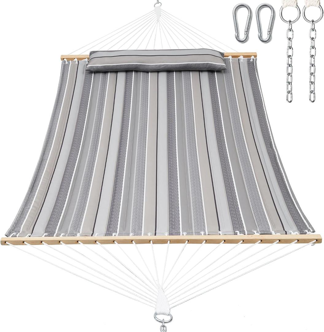 GAFETE Hammock 2 Person Quilted Fabric Hammocks for Outside, Double 12ft Hammocks with Spreader Bar, Large Removable Pillow, Storage Bag, Carabiners, Max 475 lbs Capacity (Peace Dove Grey)