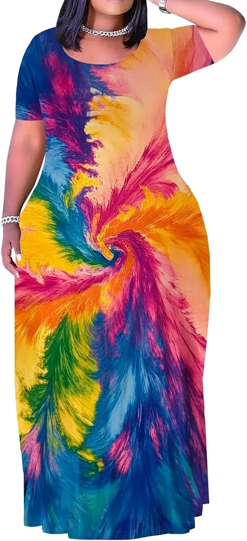 SUZONANA Plus Size Maxi Dress for Curvy Women Summer Casual Sundress Short Sleeve Loose Vacation Dress, 4XL