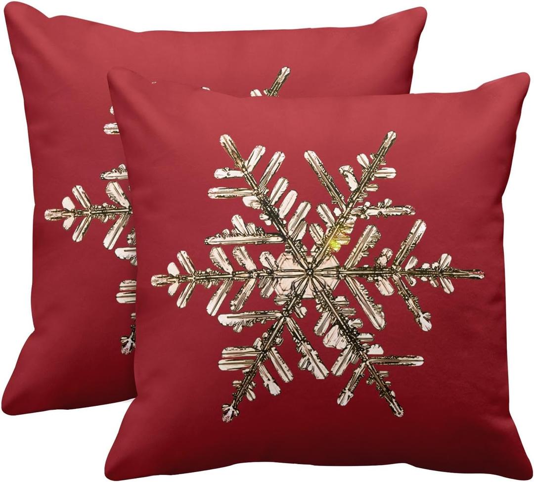 Emvency 18x18 Inch Decorative Set of 2 Throw Pillow Cover Gold Snow Natural Christmas Snowflake Crystal Ice Red Square Home Cushion Sofa Two Sides Pillow Case