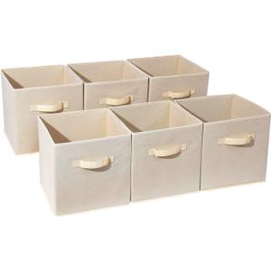 Basics Fabric Clothing Storage Bins - 10.6" x 10.6" x 11" - Collapsible Storage Cubes Organizer with Handles, Linen Foldable Storage Baskets Cloth Box Containers, Closet Organizers 6PC Beige