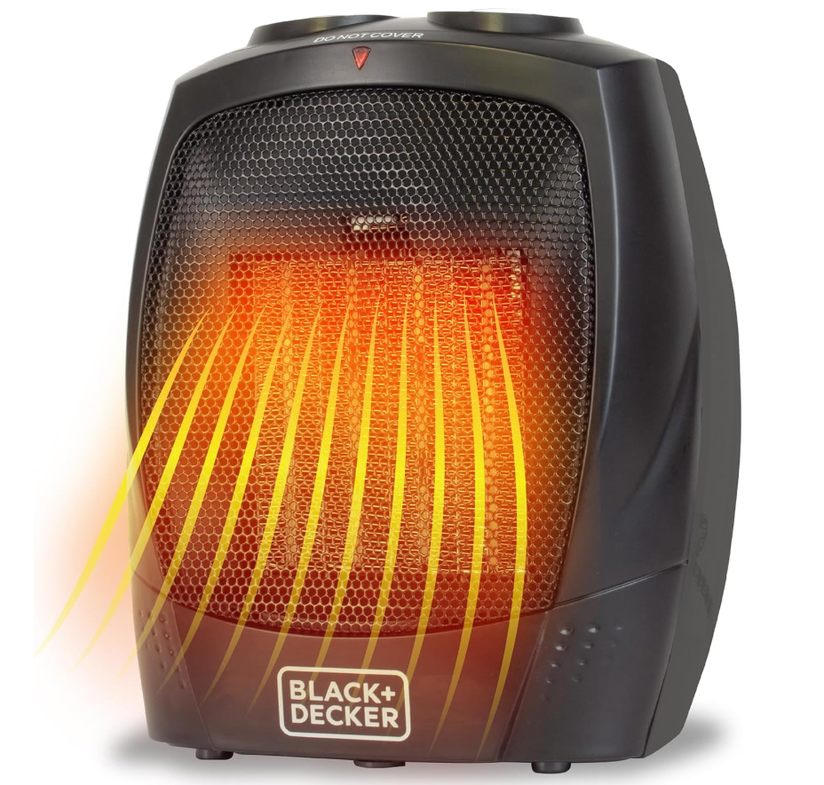 BLACK+DECKER Personal Ceramic Heater, Space Heater for Office Desk, Home Office & Personal Use Desk, 2 Heat & Fan Only Settings, Adjustable Thermostat, BHDC201, Black