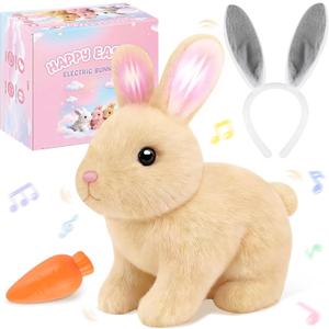 Realistic Bunny for Kids - Interactive Hopping Bunny Toy Set with Headband, Electric Lifelike Robot Rabbit that Move, Walking Barking and Wagging Tail Bunby Stuffed Animal with Sounds,Brown