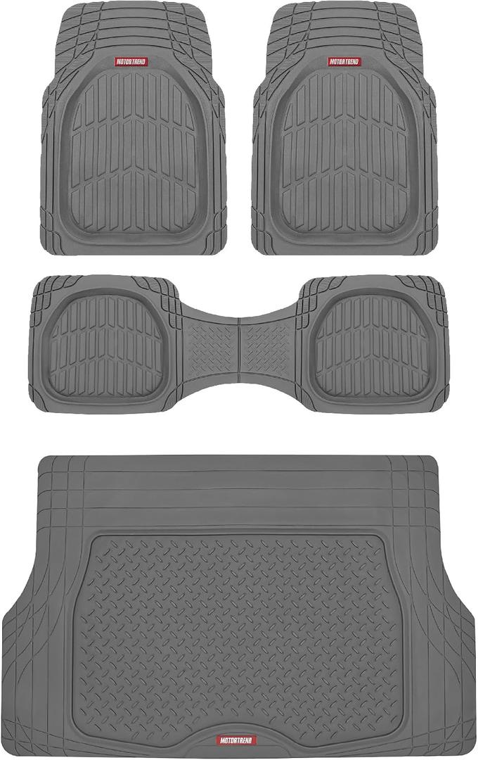 Motor Trend FlexTough 4-Piece Heavy Duty Floor Mats for Cars Trucks SUVs, Automotive Floor Mats Car Mats Full Set Front, Rear & Cargo, Trim-To-Fit Semi-Custom Deep Dish All Weather Rubber Mats - Gray