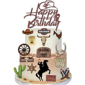 16 Pcs Cowboy Cake Toppers Glitter Cowboy Hat Cake Decorations Western Theme Happy Birthday Party Decoration for Boys Girls , Cowboy Birthday Sign Birthday Decor Party Decor Party Supplies