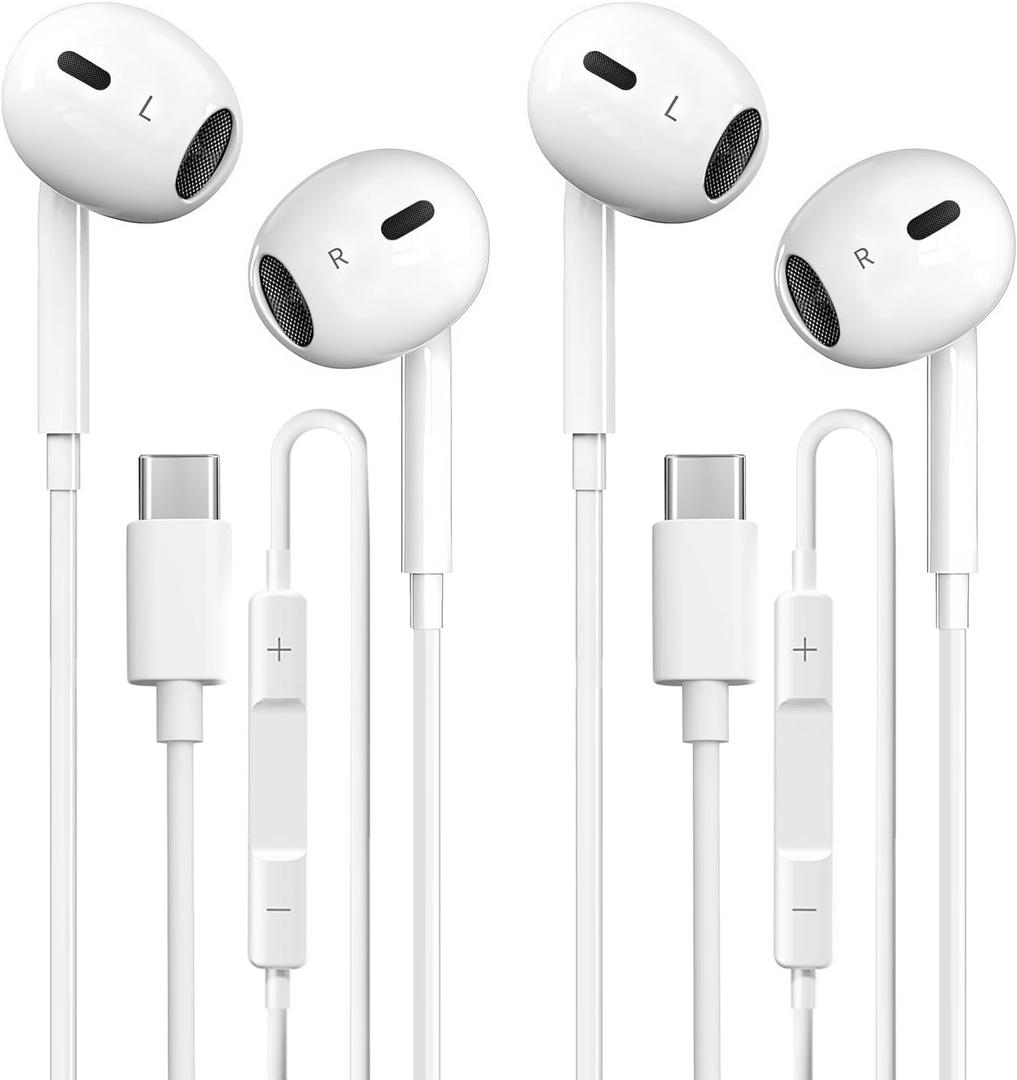 USB C Headphones 2 Pack, Type C Earphones with Microphone & Remote Control Noise Cancelling Wired Earbuds USB C for iPhone 17 16 15 Pro Max, iPad Pro, Samsung Galaxy S25 S24 Ultra, Pixel 9 (White)