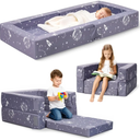 FRUITEAM 3-in-1 Portable Toddler Travel Bed, Flip Open Sofa Lounger with High-Density Foam for Camping & Indoor/Outdoor Use, Convertible Machine Washable Space Planet Galaxy Print Cover, Gray