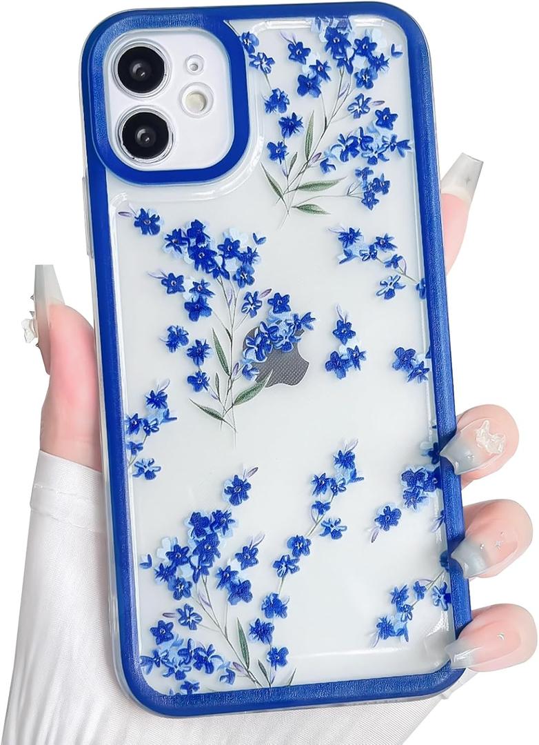 NITITOP Compatible with iPhone 11 Case Clear Cute Floral Flower Branch Leaves Pattern for Women Girls Color Frame Slim Shockproof Durable Protective Phone Cover - Blue