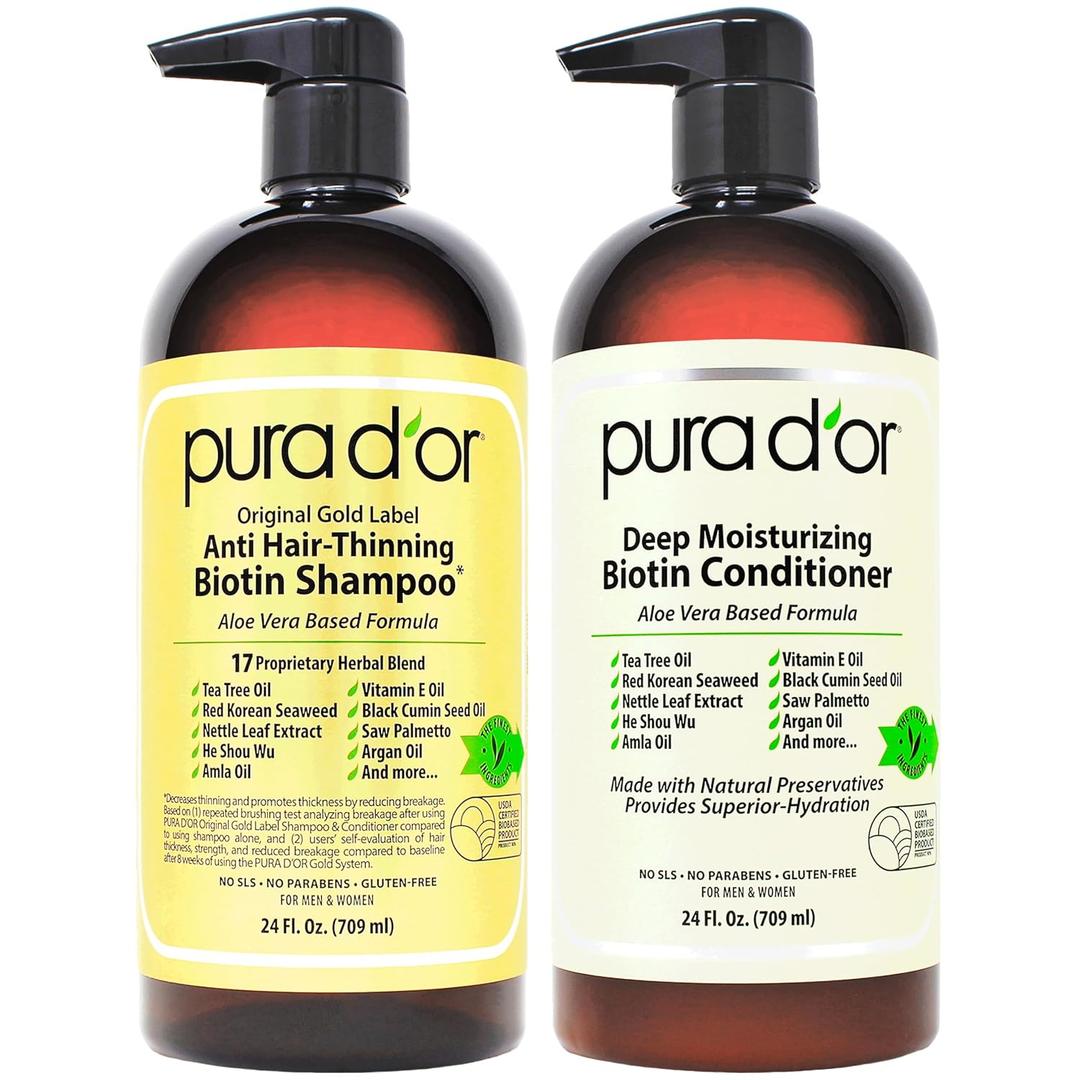 PURA D'OR Anti-Thinning Biotin Shampoo & Deep Moisturizing Conditioner Original Gold Label Set (24oz x2) Natural Earthy Scent, CLINICALLY TESTED Effective Results, Hair Thickening Product, Women & Men PURA D'OR Anti-Thinning Biotin Shampoo & Deep Moisturizing Conditioner Original Gold Label Set (24oz x2) Natural Earthy Scent, CLINICALLY TESTED Effective Results, Hair Thickening Product, Women & Men