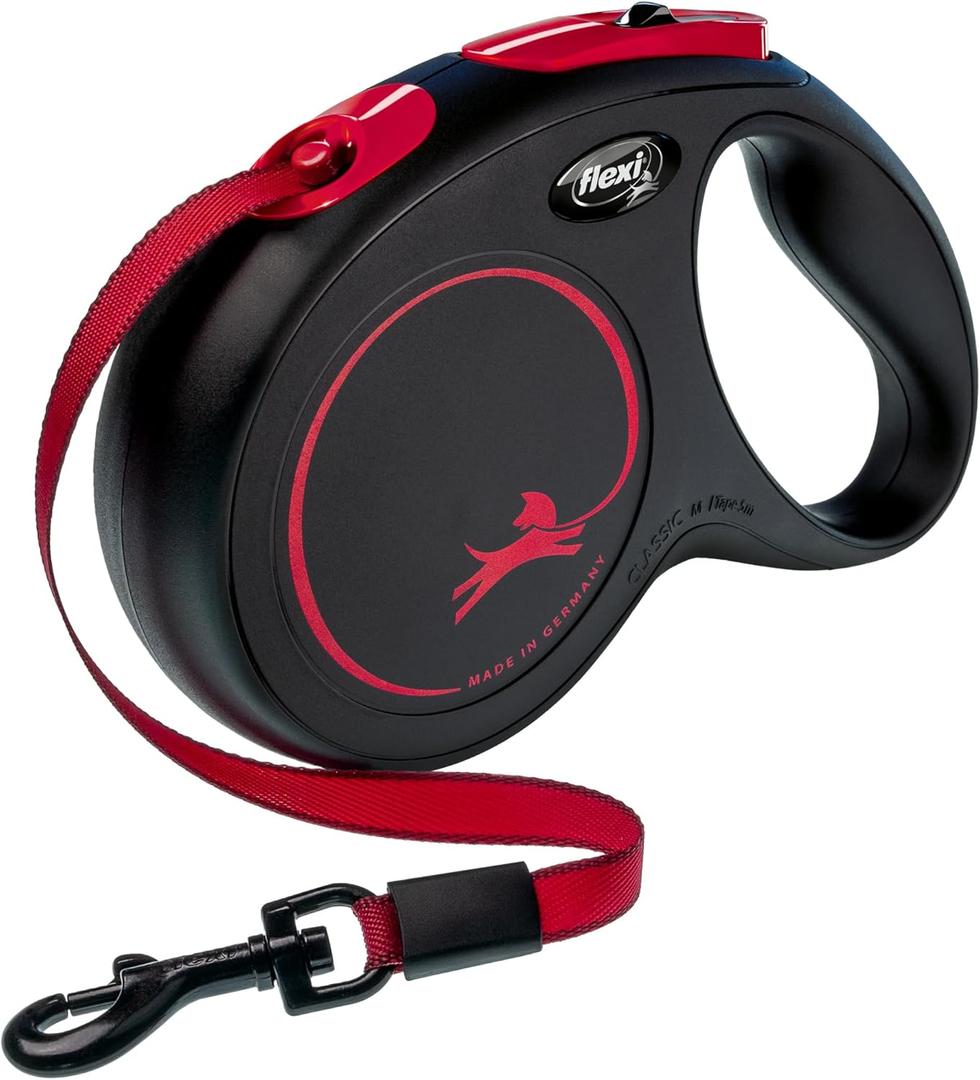 FLEXI New Classic Tape Retractable Dog Leash for Medium Dogs Upto 30-55 lbs.  16 ft., Black Red |Tangle Free Pet Walking Leash with One-Handed Brake, Pause, Lock |German Quality Product