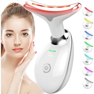 SDKWDH Red Light Therapy for Face and Neck, 7 Color Face Massager Tool for Wrinkles, Double Chin, Vibrating Facial Massager with Thermals for Skin Care, Gifts for Women Men, Glossy White