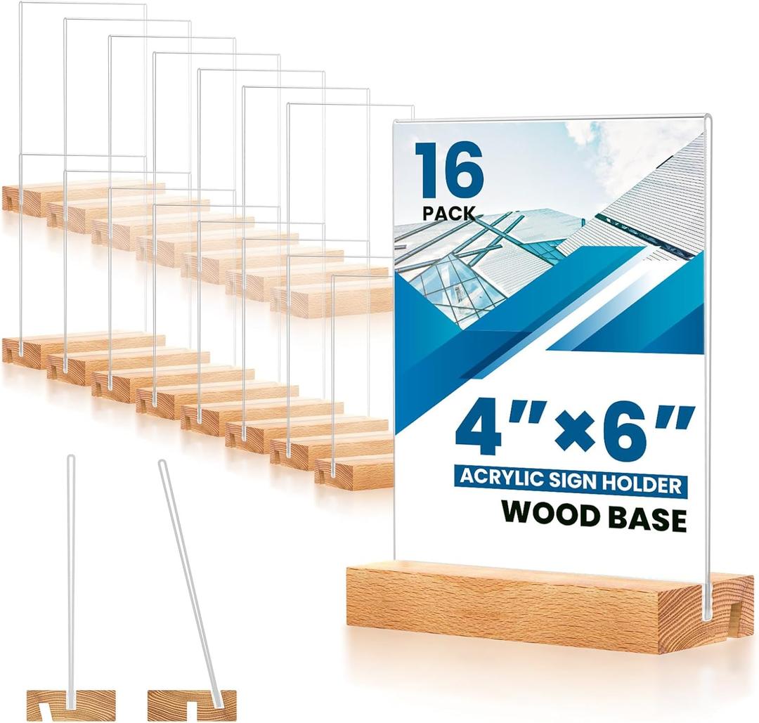 16 Pack 4x6 Acrylic Sign Holder with Wood Base Vertical and Slant Displays, Clear Plastic Flyer Display Stand, Paper photo Table Menu Sign Frame Suitable for Restaurants, Office, Store, Hotels